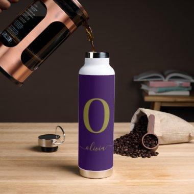 Monogram Script Name Personalized Purple And Gold Water Bottle