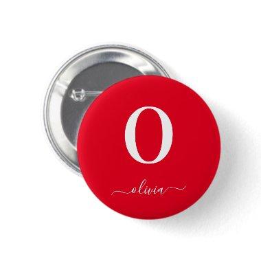 Monogram Script Name Personalized Red And White Button