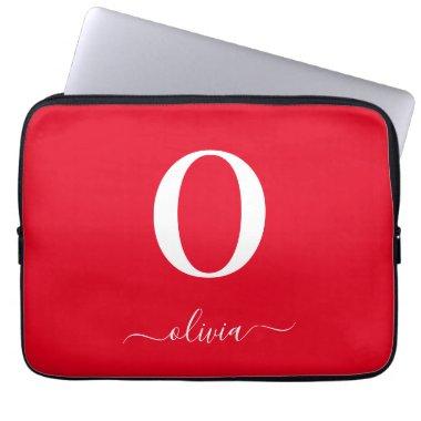 Monogram Script Name Personalized Red And White Laptop Sleeve