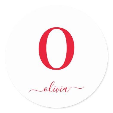 Monogram Script Name Personalized White And Red Classic Round Sticker