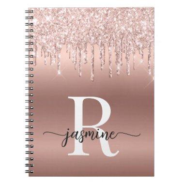 Monogram Script Rose Gold Metal Glitter Drips Notebook