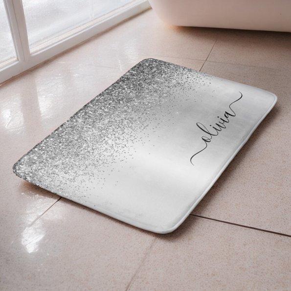 Monogram Script Silver Black Glitter Girly Name Bath Mat