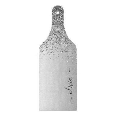 Monogram Script Silver Black Glitter Girly Name Cutting Board