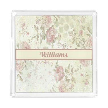 Monogram Shabby Chic Pink Green Rose Floral Acrylic Tray
