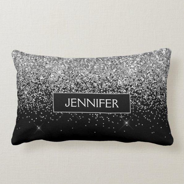 Monogram Silver Glam Glitter Sparkle Name Lumbar Pillow