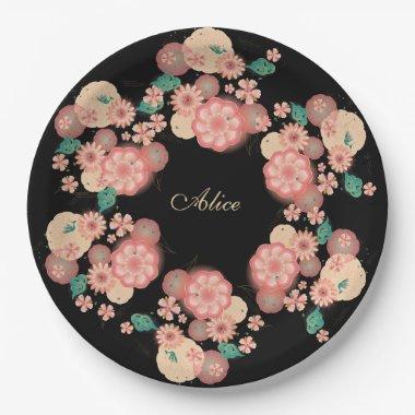 Monogram Spring Peach Flowers Garden Floral Boho Paper Plates