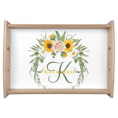 Monogram Sunflower Roses Greenery Floral Botanical Serving Tray