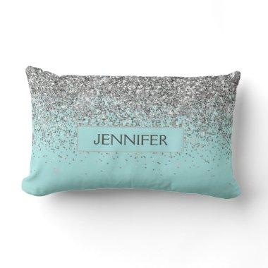 Monogram Teal Blue Silver Glam Glitter Name Lumbar Pillow
