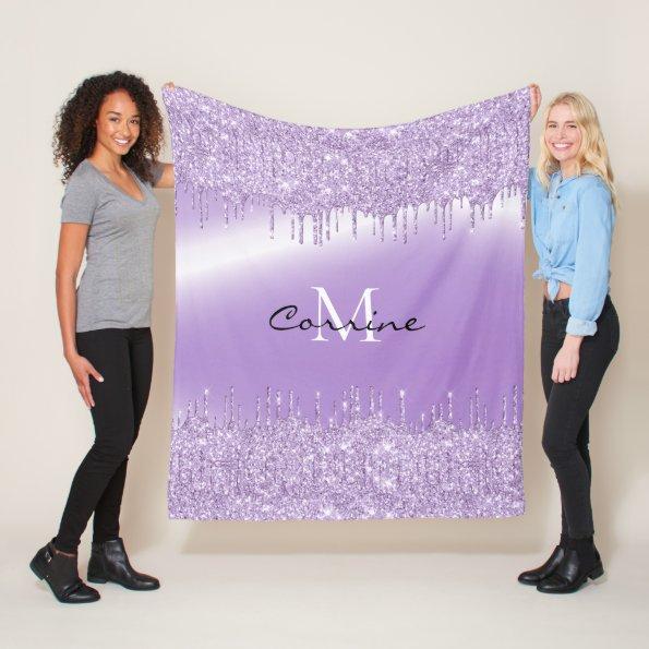Monogram Violet Purple Dripping Glitter Metallic Fleece Blanket