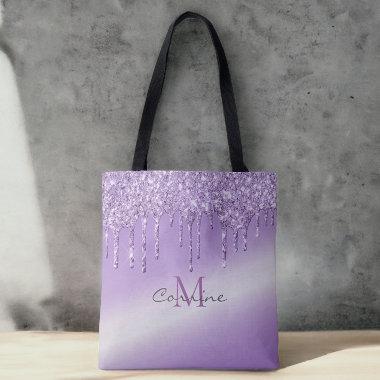 Monogram Violet Purple Dripping Glitter Metallic Tote Bag