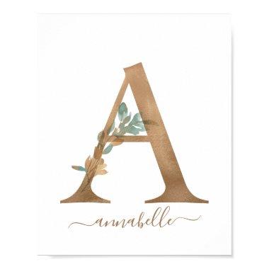 Monogram Watercolor Floral Gold Letter A Poster