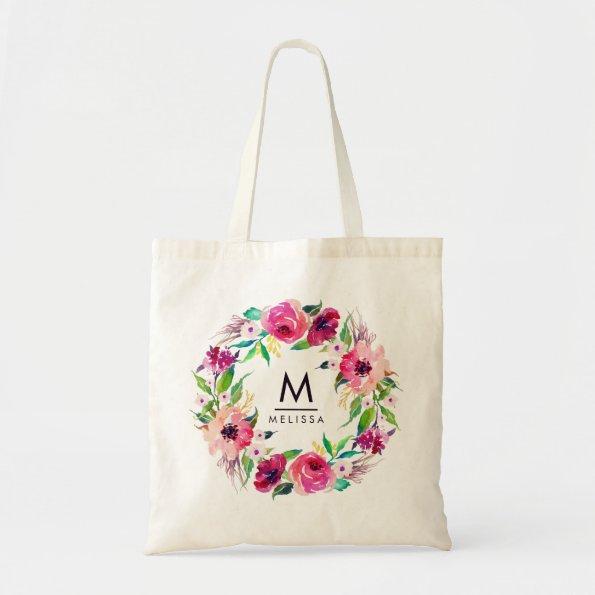 Monogram Watercolor Floral Stylish Chic Modern Tote Bag