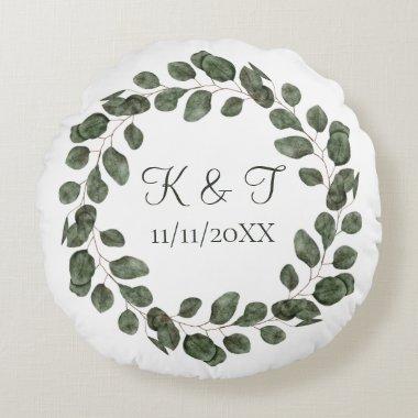 Monogram Wedding Date Eucalyptus Leaves Elegant Round Pillow