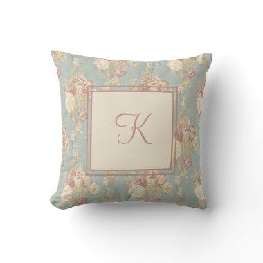 Monogram White and Pink Blush Roses on Blue Throw Pillow