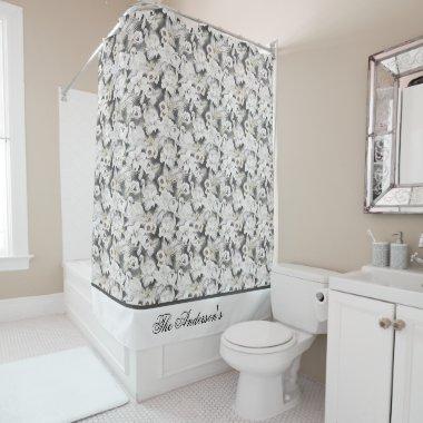 Monogram White Gray Swan Floral Elegant Stylish Shower Curtain