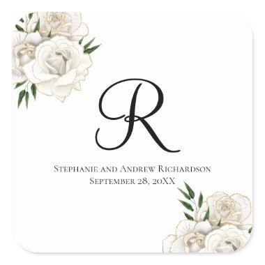 Monogram White Roses Floral Elegant Wedding Square Sticker