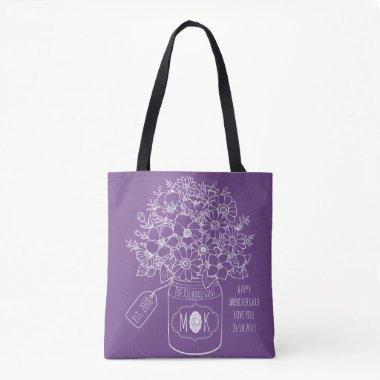 Monogram Wildflowers Bouquet Hand-Drawn Mason Jar Tote Bag