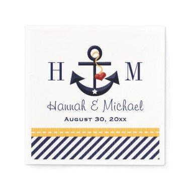 Monogram Yellow and Navy Anchor Nautical Wedding Paper Napkins