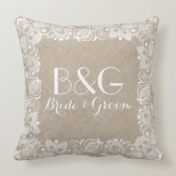 Monogramed Beige Linen And White Lace Frame Throw Pillow