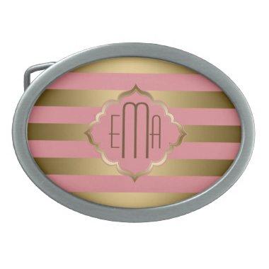 Monogramed Gold Stripes & Pink Geometric Pattern Oval Belt Buckle