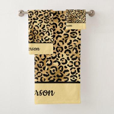 Monogrammed Black and Gold Leopard Print Cheetah  Bath Towel Set