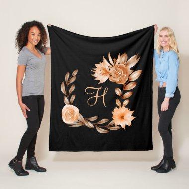 Monogrammed Black and Peach Floral Fleece Blanket