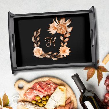 Monogrammed Black Brown and Peach Floral Serving Tray