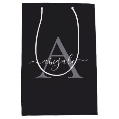 Monogrammed Black Charcoal Grey | Minimal Elegant Medium Gift Bag