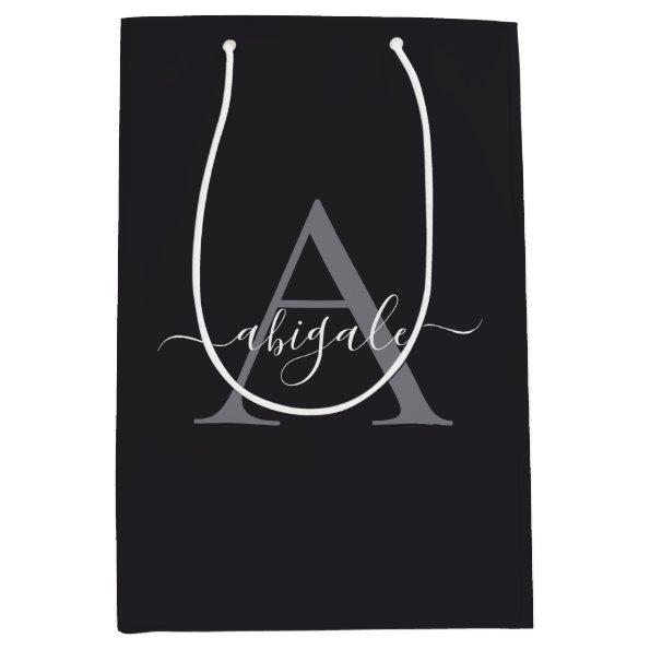 Monogrammed Black Charcoal Grey | Minimal Elegant Medium Gift Bag