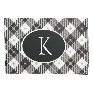 Monogrammed Black White Gold Buffalo Plaid Pillow Case