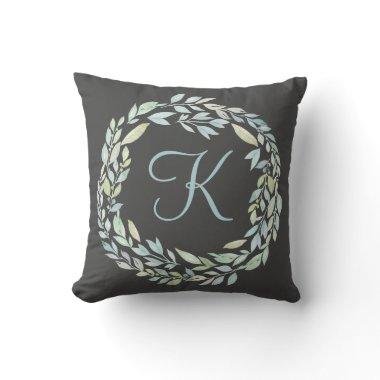 Monogrammed Blue and Green Gray Floral Wreath Throw Pillow
