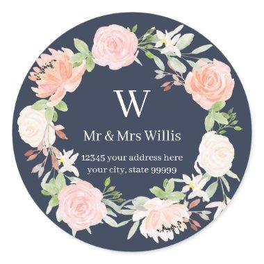 Monogrammed Blush Blue Rose Flower Return Address Classic Round Sticker