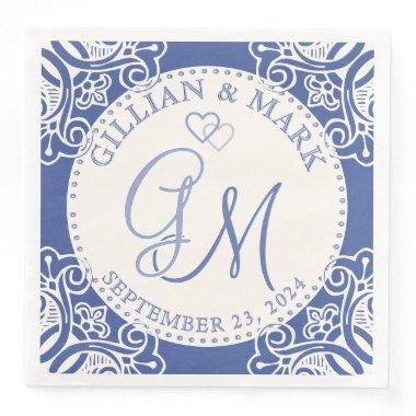 Monogrammed Cobalt & Sand Wedding Paper Dinner Napkins