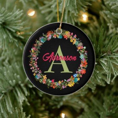 Monogrammed Colorful Floral Wreath Personalized Ceramic Ornament