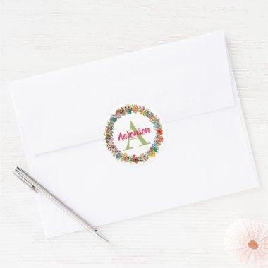 Monogrammed Colorful Floral Wreath Personalized Classic Round Sticker