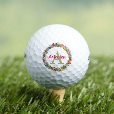 Monogrammed Colorful Floral Wreath Personalized Golf Balls