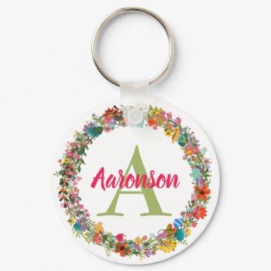 Monogrammed Colorful Floral Wreath Personalized Keychain