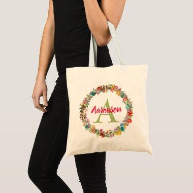 Monogrammed Colorful Floral Wreath Personalized Tote Bag
