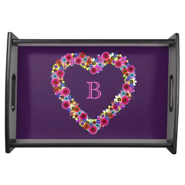 Monogrammed Floral Heart in Purple Serving Tray