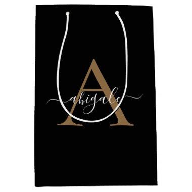 Monogrammed Gold Jet Black | Minimal Elegant Medium Gift Bag