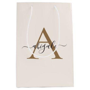 Monogrammed Gold Lace White | Minimal Elegant Medium Gift Bag