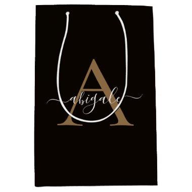 Monogrammed Gold Leather Black | Minimal Elegant Medium Gift Bag
