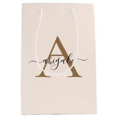 Monogrammed Gold Old Lace White | Minimal Elegant Medium Gift Bag