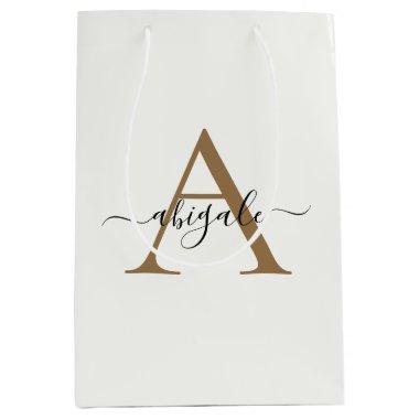 Monogrammed Gold Pearl White | Minimal Elegant Medium Gift Bag