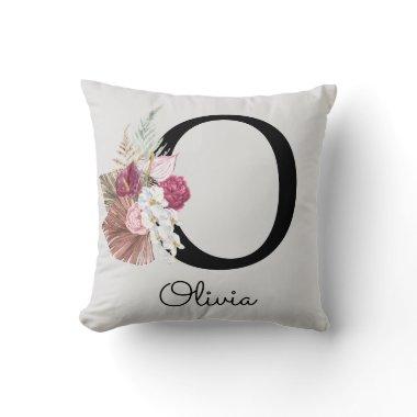 Monogrammed Gold Pink Floral Initial O Throw Pillow