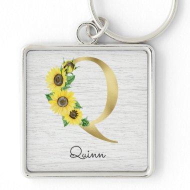 Monogrammed Gold Sunflower Floral Initial Q Keychain