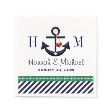 Monogrammed Green and Navy Anchor Nautical Wedding Napkins