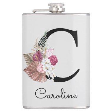 Monogrammed Initial C Pink Boho Girly Floral Flask