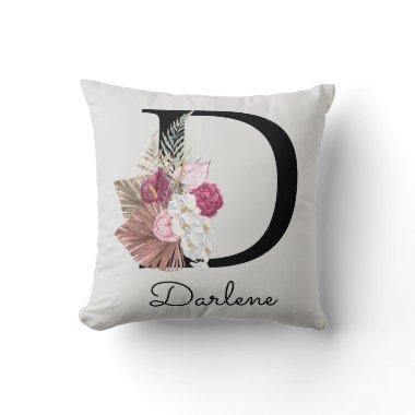 Monogrammed Initial D Pink Boho Floral Throw Pillow