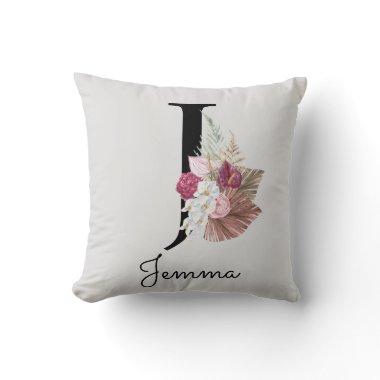 Monogrammed Initial J Pink Boho Floral Throw Pillow